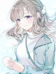 Rule 34 | 0202ase, 1girl, absurdres, aqua background, aqua coat, bag, bandaid, bandaid on face, blush, braid, coat, cropped legs, french braid, gradient background, grey hair, hair ornament, hairclip, handbag, highres, idolmaster, idolmaster shiny colors, long hair, looking at viewer, pom pom (clothes), purple eyes, smile, solo, sparkle background, sweater, turtleneck, turtleneck sweater, white background, white sweater