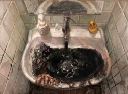 Rule 34 | bathroom, faucet, faux traditional media, horror (theme), mirror, reflection, rubber duck, sink, soap bottle, solo, t0da, tile wall, tiles, water