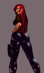 Rule 34 | 1girl, aka6, ass, borrowed character, breasts, brown eyes, cowboy shot, hair over one eye, hand on own hip, highres, holster, lipstick, long hair, looking back, makeup, nose, original, pants, red hair, shirt, simple background, skin tight, solo, t-shirt, thigh holster
