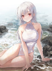 Rule 34 | 1girl, :|, arm support, bare arms, bare legs, bare shoulders, barefoot, blush, breasts, closed mouth, collarbone, dot nose, heeri, highleg, highleg swimsuit, highres, large breasts, long hair, mole, mole under eye, ocean, one-piece swimsuit, original, outdoors, red eyes, rock, shallow water, sidelocks, sitting, solo, straight hair, summer, swimsuit, thigh gap, thighs, turtleneck, water, wet, white hair, white one-piece swimsuit, yokozuwari