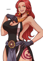 Rule 34 | 1girl, aosora2823, armpits, artist name, baccarat (one piece), black dress, black gloves, breasts, cleavage, commentary, crescent, crescent earrings, dark-skinned female, dark skin, dress, earrings, gloves, green eyes, highres, hip tattoo, jewelry, long hair, looking at viewer, necklace, one piece, one piece film: gold, red hair, sideless dress, sideless outfit, simple background, solo, tattoo, thighs, white background