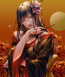 Rule 34 | 1girl, arm across waist, bat hair ornament, black collar, black hair, black kimono, blue eyes, blunt bangs, blunt ends, collar, commentary, dated, doro (sabarudoro), eyeshadow, final fantasy, final fantasy xiv, flower, frown, full moon, furrowed brow, gradient background, hair flower, hair ornament, half-closed eyes, hand up, head tilt, hime cut, holding, holding smoking pipe, hyur, japanese clothes, kimono, kiseru, lace collar, long hair, looking at viewer, makeup, mole, mole under mouth, moon, obi, obiage, obijime, off shoulder, orange background, parted lips, red eyeshadow, red flower, red lips, sash, sidelocks, signature, smoking pipe, solo, spider lily, straight hair, upper body, v-shaped eyebrows, wide sleeves, yotsuyu goe brutus