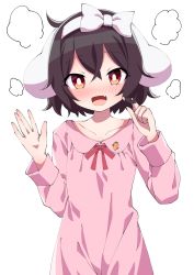 Rule 34 | 1girl, animal ears, black hair, blush, bow, bright pupils, rabbit ears, carrot print, commentary request, fang, food print, hair between eyes, hair bow, twirling hair, hairband, head tilt, highres, inaba tewi, long sleeves, looking at viewer, nightgown, nose blush, open mouth, red eyes, short hair, simple background, skin fang, smile, solo, touhou, tsukimirin, white background, white bow, white hairband