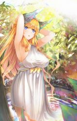 Rule 34 | 1girl, ancient greek clothes, armpits, arms behind head, blonde hair, blue eyes, blunt bangs, bracelet, bracer, breasts, chiton, covered erect nipples, cyanomirahi, dress, female focus, hair tie, hairband, highres, horns, jewelry, large breasts, long hair, looking at viewer, original, outdoors, parted lips, ripples, sash, sidelocks, solo, taut clothes, taut dress, toga, very long hair, wading, white dress