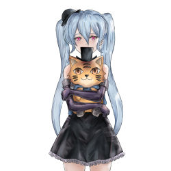 Rule 34 | 1girl, bare shoulders, black dress, black hat, blue cape, blue hair, blush, brown eyes, cape, dress, elbow gloves, eyelashes, frilled dress, frills, gloves, granblue fantasy, hair between eyes, hat, highres, hugging object, light blue hair, long hair, looking at viewer, off-shoulder dress, off shoulder, orchis, pink eyes, purple gloves, purple pupils, simple background, solo, stuffed animal, stuffed toy, top hat, twintails, white background, yamada1008b