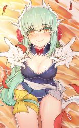 Rule 34 | 1girl, aqua hair, bad id, bad pixiv id, blush, breasts, cleavage, fate/grand order, fate (series), gloves, highres, horns, kiyohime (fate), kiyohime (fate/grand order), kiyohime (swimsuit lancer) (fate), kiyohime (swimsuit lancer) (second ascension) (fate), long hair, looking at viewer, matukurasouta, one-piece swimsuit, reaching, sitting, slit pupils, smile, solo, swimsuit, white gloves, yellow eyes