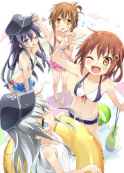 Rule 34 | 10s, akatsuki (kancolle), bikini, black eyes, black hair, blue eyes, blush, brown eyes, brown hair, eretto, fang, folded ponytail, from above, hair ornament, hairclip, hat, hibiki (kancolle), ikazuchi (kancolle), inazuma (kancolle), innertube, kantai collection, long hair, looking up, multiple girls, one-piece swimsuit, one eye closed, open mouth, school swimsuit, short hair, silver hair, simple background, smile, swim ring, swimsuit, v, white one-piece swimsuit, white school swimsuit