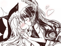 Rule 34 | 2girls, asutora, bare arms, bare shoulders, blush, bow, closed eyes, frilled bow, frills, from side, hair bow, hair tubes, hakurei reimu, hat, hat bow, heart, interlocked fingers, kirisame marisa, kiss, kiss day, monochrome, multiple girls, profile, sidelocks, simple background, sketch, spot color, touhou, upper body, white background, witch hat, yellow eyes, yuri