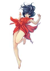 Rule 34 | 1girl, alternate costume, armpits, barefoot, black hair, blue eyes, borrowed clothes, breasts, cosplay, falling, from below, higurashi kagome, inuyasha, inuyasha (character), inuyasha (cosplay), long hair, looking at viewer, motobi (mtb umk), no pants, nontraditional miko, open mouth, short sleeves, simple background, solo, thighs, white background