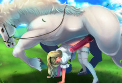 Rule 34 | 1girl, all fours, aomidori, bent over, bestiality, blonde hair, blue eyes, clothes lift, dress, dress lift, grass, highres, horse, huge penis, long hair, outdoors, panties, panty pull, penis, thighhighs, underwear, white thighhighs