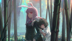 Rule 34 | 2girls, absurdres, animal ears, bamboo, bamboo forest, rabbit ears, dress, extra ears, forest, highres, inaba tewi, multiple girls, nature, pink hair, red eyes, reisen udongein inaba, touhou, white dress, wwgyouxv