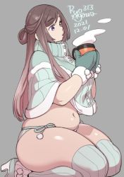 Rule 34 | 1girl, agawa ryou, artist name, belly, blowing, breasts, brown hair, coffee mug, commentary, cup, dated, english commentary, fur trim, gloves, gradient hair, green gloves, green panties, green thighhighs, grey background, high heels, holding, holding cup, large breasts, looking to the side, mittens, mug, multicolored hair, navel, numbered, open mouth, original, panties, parted lips, pink hair, plump, purple eyes, ribbed legwear, seiza, side-tie panties, sidelocks, simple background, sitting, solo, steam, string panties, swept bangs, thighhighs, thighs, turtleneck, two-tone hair, underwear