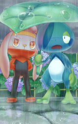 Rule 34 | blush, bright pupils, cloud, cloudy sky, commentary request, creatures (company), drizzile, game freak, gen 8 pokemon, hands in pockets, highres, holding, improvised umbrella, nintendo, no humans, open mouth, orange eyes, outdoors, pokemon, pokemon (creature), purobe, raboot, rain, sky, standing, toes, water drop, white pupils