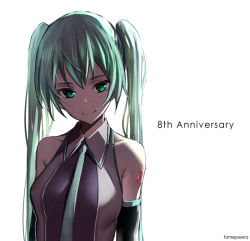 Rule 34 | 1girl, artist name, detached sleeves, fame peera, green eyes, green hair, hatsune miku, long hair, looking at viewer, matching hair/eyes, necktie, simple background, smile, solo, twintails, vocaloid, white background