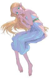 1girl bare_arms bare_shoulders barefoot blonde_hair dress full_body green_eyes head_rest highres invisible_chair long_dress long_hair looking_at_viewer nintendo parted_lips pointy_ears princess_zelda simple_background sitting solo straight_hair strapless strapless_dress tears the_legend_of_zelda the_legend_of_zelda:_breath_of_the_wild white_background yamori_(yamoooon21)