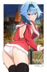 Rule 34 | 1girl, absurdres, alternate costume, ass, blue hair, blush, breasts, breilles, capelet, christmas, christmas tree, dress, eula (genshin impact), from behind, genshin impact, green eyes, hairband, highres, long hair, looking at viewer, panties, santa costume, shiny clothes, short dress, sideboob, smile, solo, thighhighs, underwear