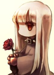 Rule 34 | 1girl, collar, colored skin, dress, eye (okame nin), flower, grey background, grey dress, highres, holding, holding flower, long hair, long sleeves, no mouth, okame nin, original, rags, red eyes, red flower, red rose, rose, solo, spiked collar, spikes, white hair, white skin, wide sleeves
