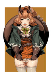 Rule 34 | 10s, 1girl, animal ears, blush, body writing, bow, breasts, censored, cleavage, clothes lift, coat, dress, dress lift, gloves, granblue fantasy, hair bow, karuteira, kirieppa, no panties, open mouth, ponytail, prostitution, pussy, red eyes, red hair, smile, solo, thighhighs, white thighhighs