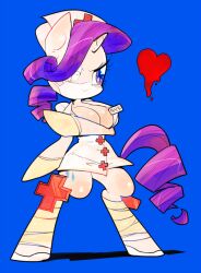 Rule 34 | 1girl, blood, blue background, breasts, cleavage, cosplay, denchuu (aniki29), eyepatch, full body, furry, gloves, hat, heart, horse, large breasts, latex, latex gloves, leg wrap, my little pony, my little pony: friendship is magic, name tag, nurse cap, pony (animal), purple hair, rarity (my little pony), skullgirls, solo, standing, unicorn, valentine (skullgirls), valentine (skullgirls) (cosplay)