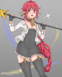 Rule 34 | 1girl, :d, ahoge, bad id, bad pixiv id, battle mage (dungeon and fighter), black dress, black gloves, black thighhighs, breasts, buttons, cleavage, collar, collarbone, cowboy shot, dkflkkldf, dress, dungeon and fighter, earrings, fingerless gloves, fingernails, frilled collar, frills, garter straps, gloves, grey background, hair ornament, hair tubes, highres, holding, holding staff, jacket, jewelry, legs apart, long fingernails, long hair, long sleeves, looking at viewer, low-tied long hair, mage (dungeon and fighter), open clothes, open jacket, open mouth, over shoulder, pointy ears, red collar, red eyes, red hair, short dress, simple background, skindentation, small breasts, smile, solo, staff, standing, star (symbol), star earrings, strapless, strapless dress, teeth, thighhighs, upper teeth only, very long hair, weapon, weapon over shoulder, white jacket