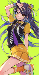 Rule 34 | 1girl, arm up, black hair, black necktie, black vest, blush, closed mouth, collared shirt, cowboy shot, diagonal-striped clothes, diagonal-striped necktie, double bun, gradient hair, green background, hair bun, hair ornament, highres, jewelry, long hair, looking at viewer, miniskirt, muco lita, multicolored hair, multiple neckties, nail polish, necktie, nijisanji, orange eyes, orange socks, purple necktie, ring, shirt, shoes, simple background, skirt, smile, sneakers, socks, solo, standing, standing on one leg, striped clothes, tongue, tongue out, umise yotsuha, umise yotsuha (1st costume), v, very long hair, vest, virtual youtuber, white necktie, yellow nails, yellow shirt, yellow skirt