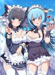 Rule 34 | 1girl, 2girls, absurdres, alternate costume, animal ears, apron, azur lane, black dress, black hair, blue eyes, blue hair, blue sky, blush, breast press, breasts, cheshire (azur lane), cleavage, closed mouth, cocktail glass, cup, day, detached collar, dress, drinking glass, eggman (pixiv28975023), enmaided, fake animal ears, garter straps, highres, holding, holding tray, horns, large breasts, long sleeves, looking at viewer, maid, maid apron, maid headdress, multicolored hair, multiple girls, neptune (granblue fantasy), one eye closed, outdoors, sky, standing, streaked hair, symmetrical docking, thighhighs, tongue, tongue out, tray, v, water drop, white thighhighs
