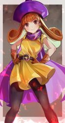 Rule 34 | absurdres, alena (dq4), belt, black pantyhose, cape, chil0107, curly hair, dragon quest, dragon quest iv, dress, earrings, framed, gloves, hands on own hips, hat, highres, jewelry, long hair, orange hair, outside border, pantyhose, red eyes, short dress, short sleeves, smile, solo