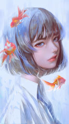 Rule 34 | 1girl, blouse, blue necktie, bob cut, brown eyes, brown hair, fish, from side, goldfish, highres, looking at viewer, looking to the side, medium hair, necktie, original, parted lips, portrait, realistic, shirt, solo, striped necktie, underwater, upper body, wataboku, white shirt