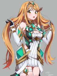 Rule 34 | 1girl, bare legs, bare shoulders, blonde hair, breasts, chest jewel, cleavage cutout, clothing cutout, dress, earrings, elbow gloves, gloves, highres, jewelry, large breasts, long hair, mythra (xenoblade), piko han, short dress, swept bangs, thigh strap, tiara, very long hair, white dress, white footwear, white gloves, xenoblade chronicles (series), xenoblade chronicles 2, yellow eyes