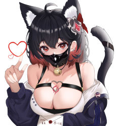 Rule 34 | 1girl, absurdres, animal ear fluff, animal ears, bare shoulders, benghuai xueyuan, black hair, black jacket, blush, breasts, cat ears, cat girl, cat tail, character request, cleavage, ear piercing, hair ornament, hand up, highres, honkai (series), jacket, large breasts, mask, mouth mask, off shoulder, piercing, red eyes, seele (alter ego), seele vollerei, simple background, solo, tail, takeawatch, upper body, white background