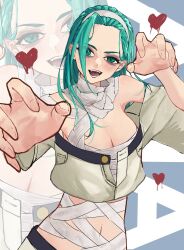 Rule 34 | 1girl, a.b.a, bags under eyes, bandaged chest, bandaged neck, bandages, bare shoulders, breasts, claw pose, cleavage, green eyes, green hair, guilty gear, guilty gear strive, headband, highres, key in head, kurutontyan, long hair, looking at viewer, navel, object through head, open mouth, upper body, white headband