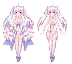 Rule 34 | 1girl, angel wings, animal ear fluff, animal ears, black footwear, breasts, cat ears, center opening, chinese commentary, cleavage, cleavage cutout, clothing cutout, commentary request, detached wings, full body, garter straps, gloves, gluteal fold, hair ornament, hairclip, heterochromia, highres, horns, legs, leotard, long hair, multiple views, navel, original, pink hair, pubic tattoo, ribbon, shoes, showgirl skirt, simple background, single horn, skirt, smile, tattoo, thighhighs, thighs, twintails, twiska (doubitian), virtual youtuber, white background, white gloves, white leotard, white skirt, white thighhighs, wings