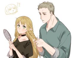 Rule 34 | 1boy, 1girl, black choker, black shirt, blonde hair, braid, braiding hair, brown eyes, brown hair, choker, collared shirt, dungeon meshi, elf, falin touden, green eyes, hairdressing, laios touden, long hair, marcille donato, pointy ears, shirt, short hair, spt0055, upper body, white background