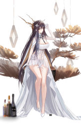 Rule 34 | 1girl, alcohol, azur lane, black hair, bottle, breasts, diaoao bugaoxing, dress, flower, full body, gloves, green eyes, hair flower, hair ornament, highres, horns, indomitable (azur lane), large breasts, long hair, looking at viewer, simple background, solo, very long hair, white background, white dress, white flower, white footwear, white gloves