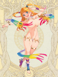 Rule 34 | 1girl, arm strap, arms up, blonde hair, blue eyes, bracelet, breasts, convenient censoring, dairoku ryouhei, dancer, feet, full body, head tilt, jewelry, large breasts, long hair, looking at viewer, navel, neck ribbon, no shoes, official art, open mouth, rainbow order, ribbon, ryoji (nomura ryouji), smile, solo, sweat, tassel, teeth, thigh strap, toeless footwear, two side up, upper teeth only