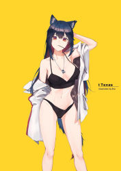 Rule 34 | 1girl, animal ears, arknights, arm behind head, arm up, armpits, artist name, bare legs, bare shoulders, bikini, black bikini, black hair, breasts, character name, commentary, earrings, eva (puyi), feet out of frame, groin, hair between eyes, highres, jacket, jewelry, large breasts, long hair, looking at viewer, mouth hold, navel, off shoulder, open clothes, open jacket, pendant, red eyes, simple background, solo, standing, stomach, swimsuit, tail, texas (arknights), thighs, white jacket, wolf ears, wolf tail, yellow background