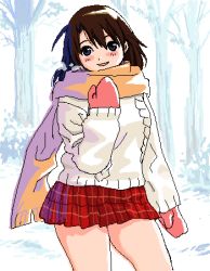 Rule 34 | 1girl, aran sweater, cable knit, lowres, mittens, original, plaid, plaid skirt, ryoji (nomura ryouji), scarf, skirt, solo, sweater
