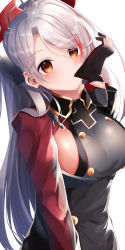 Rule 34 | 1girl, absurdres, azur lane, biting, black gloves, blush, breasts, brown eyes, commentary request, cross, eyes visible through hair, glove biting, gloves, grey jacket, headgear, highres, iron cross, jacket, long hair, long sleeves, looking at viewer, medium breasts, multicolored hair, prinz eugen (azur lane), red eyes, silver hair, simple background, solo, streaked hair, suisen-21, swept bangs, upper body, very long hair, white background