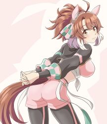 Rule 34 | 1girl, ahoge, animal ears, arms behind back, ass, belt, black pantyhose, breasts, brown eyes, brown hair, clothing cutout, dantsu flame (umamusume), ear covers, from behind, highres, horse ears, horse girl, horse tail, large breasts, looking at viewer, looking back, masasim, midriff, multicolored hair, pantyhose, pink shorts, shorts, smile, solo, tail, tail through clothes, two-tone hair, umamusume, white belt, white hair
