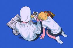 Rule 34 | 2boys, aged down, all fours, ashtray, bird mask, black hair, black pants, black shorts, blonde hair, blue background, chips (food), cigarette butt, commentary request, facing away, food, from above, from behind, game boy, hacchi (napoli no otokotachi), handheld game console, highres, holding, holding handheld game console, indian style, long sleeves, male focus, mask, multiple boys, napoli no otokotachi, newspaper, pants, playing games, potato chips, shirt, short hair, shorts, simple background, sitting, socks, sugiru (napoli no otokotachi), sweater, turtleneck, turtleneck sweater, ujimoto, video game, watching, white shirt, white socks, white sweater