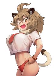 Rule 34 | animal ears, asymmetrical bangs, belly, blonde hair, bow, bow panties, breasts, cowboy shot, crop top, crop top overhang, eyelashes, fang, from side, gao (gaolukchup), hands on own hips, highres, huge breasts, kemono friends, large breasts, lion (kemono friends), looking at viewer, midriff, navel, necktie, no pants, open mouth, panties, red neckwear, red panties, shirt, short sleeves, simple background, skin fang, standing, tail, third-party edit, tsurime, underwear, v-shaped eyebrows, white background, white shirt, wristband, yellow eyes