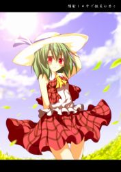 Rule 34 | 1girl, adapted costume, ascot, bad id, bad pixiv id, bare shoulders, blue sky, blush, day, female focus, green hair, guriserin, hat, holding, holding clothes, holding hat, kazami yuuka, letterboxed, petals, plaid, plaid skirt, plaid vest, red eyes, short hair, skirt, skirt set, sky, sleeveless, solo, sun, touhou, vest