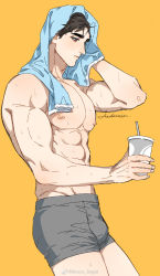 Rule 34 | 1boy, abs, anderain, artist name, bara, boxers, brown hair, closed mouth, cup, disposable cup, eyepatch, grey male underwear, highres, holding, holding cup, large pectorals, male focus, male underwear, muscular, muscular male, nipples, ombra (anderain), one eye covered, original, pectorals, short hair, simple background, solo, thighs, towel, towel on head, underwear, weibo watermark