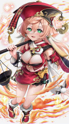 Rule 34 | 1girl, absurdres, boots, breasts, cleavage, detached sleeves, elocca, fire, genshin impact, green eyes, grey background, hair between eyes, hat, highres, holding, holding staff, long hair, looking at viewer, medium breasts, midriff, navel, open mouth, pink hair, red footwear, red hat, red skirt, simple background, skirt, smile, solo, staff, thighs, white sleeves, yanfei (genshin impact)