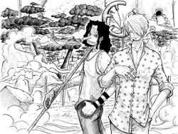 Rule 34 | 2boys, armband, bandages, bridge, cigarette, facial hair, goatee, hair over one eye, hand in pocket, indoors, jewelry, looking at viewer, male focus, monochrome, multiple boys, necklace, one piece, sanji (one piece), slingshot (weapon), smoking, standing, tree, usopp