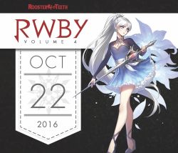 Rule 34 | 10s, 1girl, 2016, bare legs, blue eyes, dress, ein lee, english text, flower, holding sword, long hair, official art, petticoat, ponytail, roosterteeth, rwby, short dress, solo, sword, very long hair, weapon, weiss schnee, white hair