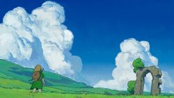 Rule 34 | 1boy, abandoned, alariko, arch, arm at side, blonde hair, blue sky, bow (weapon), cloud, day, facing away, field, floating hair, from behind, grass, green tunic, highres, link, long hair, male focus, nintendo, outdoors, overgrown, pants, pointy ears, quiver, scenery, shield, shield on back, sky, solo, standing, the legend of zelda, weapon, weapon on back, white pants, wide shot, wind