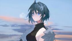 Rule 34 | 1girl, ahoge, arknights, arm at side, bare shoulders, black hair, black shirt, blue eyes, blue sky, breath, cloud, from side, fur-trimmed jacket, fur trim, hair between eyes, hair intakes, hair ornament, hair ribbon, hairclip, highres, jacket, la pluma (arknights), looking at viewer, off shoulder, open clothes, open jacket, outdoors, parted lips, portrait, raised eyebrows, ribbon, shirt, short hair, sidelocks, sky, sleeveless, sleeveless shirt, solo, sunset, teeth, white ribbon, wu tiao xue