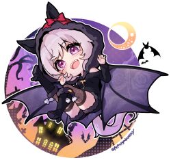 1girl alternate_costume animal_ears bat_(animal) blush breasts chibi commentary_request curren_chan_(umamusume) full_body grey_hair hair_ornament halloween highres horse_ears horse_girl medium_breasts medium_hair moon peteron ribbon solo twitter_username umamusume wings