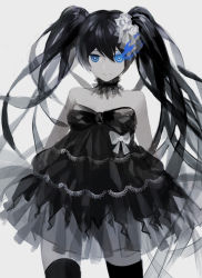 Rule 34 | 10s, 1girl, black hair, black rock shooter, black rock shooter (character), blue eyes, bow, choker, dress, flaming eye, hair ornament, light smile, long hair, rukun00, simple background, solo, strapless, strapless dress, thighhighs, twintails